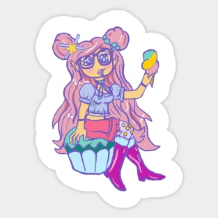 Kawaii Chibi Pastel Girl Sitting On Cupcake Eating Ice Cream Sticker